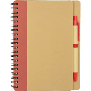 A brown spiral-bound notebook with a red stripe and a matching red ballpoint pen attached.