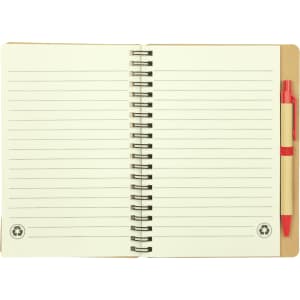 A spiral-bound notebook with lined pages and a red ballpoint pen, featuring a tan cover.