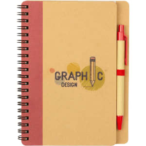 A tan spiral-bound notebook with a maroon cover and a red ballpoint pen attached. It features a graphic design logo.