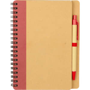 A brown notebook with a red spine and a matching red ballpoint pen attached. The notebook features spiral binding.