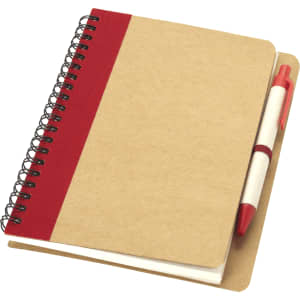 A tan notebook with a red stripe and a white ballpoint pen attached, featuring a spiral binding.
