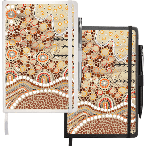 A journal featuring a colourful Indigenous-inspired design, available in white and black covers, with blank pages.