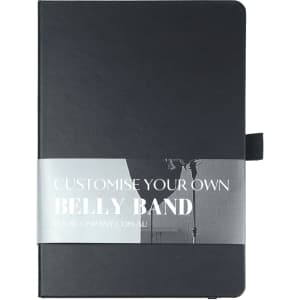 A black notebook with blank pages and a belly band for customisation. It has an elastic closure.