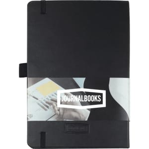 A black Nova Bound JournalBook with blank pages and a logo, featuring a sleek design and elastic closure.
