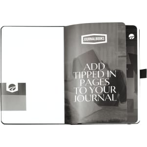 A Nova Bound JournalBook with blank pages, featuring a sleek design and a subtle logo, in black and white.