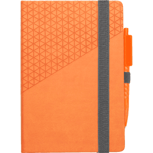 An orange notebook with a textured geometric design and a matching pen attached by an elastic band.