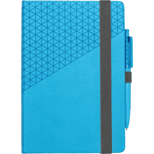 A blue notebook with a textured geometric design and a matching blue pen, secured with a grey elastic band.