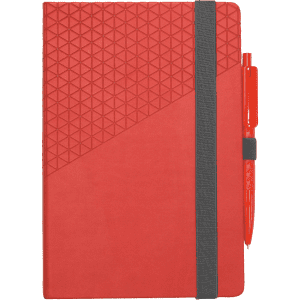 A red geometric-patterned notebook with a grey elastic band and an orange pen attached.
