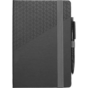 A black notebook with a geometric design and an attached pen, featuring an elastic closure.