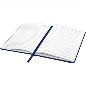 A hard cover A5 notebook with lined pages, featuring a navy exterior and a ribbon bookmark.