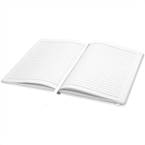An A5 hard cover notebook with lined pages, featuring a white cover and a bookmark ribbon.