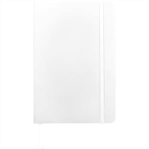 A sleek white Spectrum A5 hard cover notebook featuring a logo and an elastic band closure.