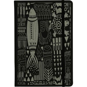 A black A5 hard cover notebook featuring intricate grey patterns and designs including fish, turtles, and abstract shapes.