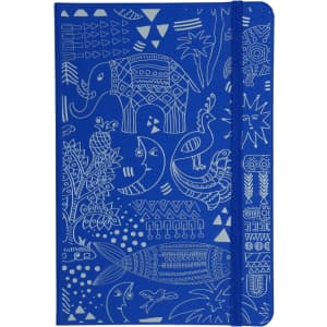 A blue A5 hard cover notebook featuring various intricate white patterns, with a band for secure closure and a logo on the cover.