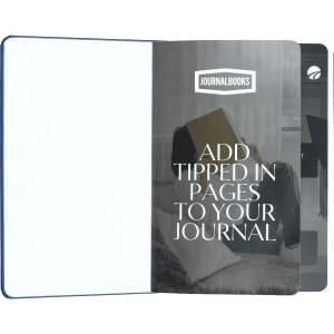 A hard cover A5 notebook with a navy blue cover, featuring an inner page layout design and a logo.