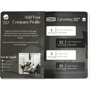A hard cover notebook with a sleek design, featuring a dark colour scheme and a branding logo on the front.