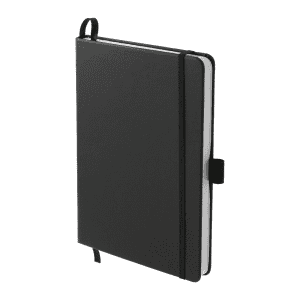 A black A5 journal with a textured cover, featuring an elastic closure and bookmark ribbon. It includes a logo on the cover.