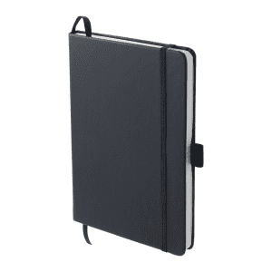 A recycled A5 notebook in black with a strap closure and a bookmark ribbon, featuring a logo.