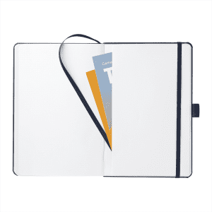 A dark blue A5 notebook with an elastic band, featuring a blank interior and an inner pocket for inserts.