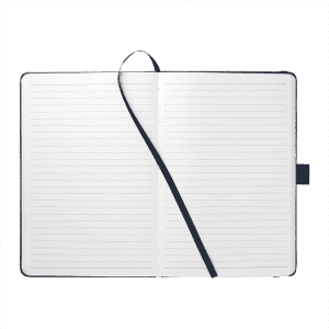 A navy recycled A5 notebook with lined pages and a black ribbon marker, featuring a bookmark.