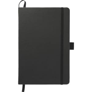 A black A5 journal with a textured cover, featuring a black elastic closure and a ribbon marker.