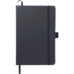 A black A5 journal with a flexible cover, closure elastic, and a ribbon bookmark. It includes a branding logo.