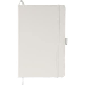 A white A5 notebook with a ribbon marker and elastic closure, featuring a logo on the cover.