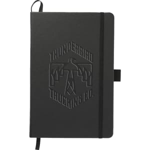 A black A5 journal with an embossed logo, featuring an elastic band and a ribbon marker.
