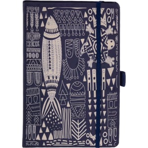 A dark blue A5 notebook with decorative white illustrations, featuring a logo on the cover.
