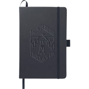 A dark blue A5 notebook with a textured cover and an embossed logo. It features an elastic band and ribbon bookmark.