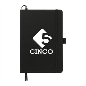A black journal with a logo and elastic band closure. Features an attached ribbon bookmark.