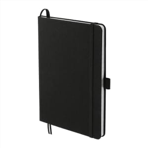 A black Recycled Marine Bound JournalBook with a textured cover and elastic closure. It has a logo on the front.