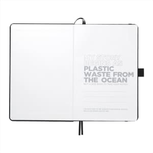 A black journal featuring recycled materials, with blank pages and a logo on the cover.