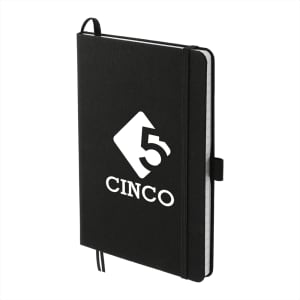 A black notebook with a logo, featuring a strap closure and lined pages.