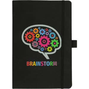 A black journal with a brain graphic featuring colourful gears and a logo, secured with an elastic band.