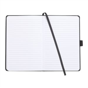 A black pineapple leather bound journal with lined pages and a ribbon bookmark.