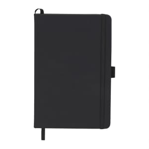 A black, leather-bound journal with a ribbon bookmark and an elastic band closure. Features a branding logo.