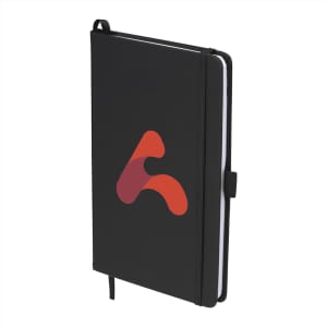 A black leather-bound journal with a logo on the front cover and an elastic band closure.