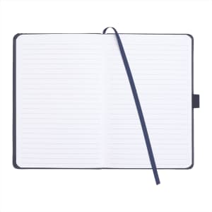 A pineapple leather-bound journal with lined pages and a ribbon bookmark, featuring a navy cover.