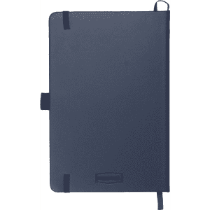 A navy blue leather-bound journal with elastic closures and a branding logo on the cover.