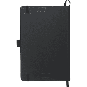 A black leather-bound journal with a textured finish and an elastic closure. Features a branding logo.