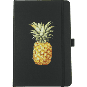 A black leather-bound journal featuring an illustration of a pineapple on the cover. It includes an elastic band closure.