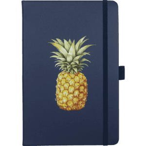 A navy journal with a pineapple illustration on the cover. It features an elastic band closure and has branding.
