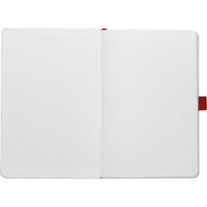 A bound journal with a white cover and coloured accents, featuring blank pages and a ribbon bookmark.