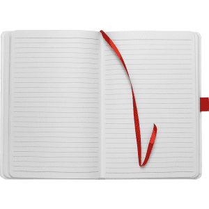 A bound journal in white with red accents, featuring lined pages and a red ribbon bookmark.