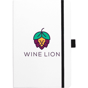A white bound journal with black accents featuring a colourful logo.