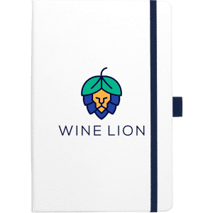 A white bound journal with a coloured logo featuring a lion and leaf design, secured with a blue elastic band.