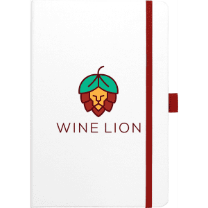 A white bound journal with coloured accents and a logo on the cover, featuring a lion design.