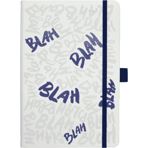 A white journal with blue accents and a textured cover featuring the word "Blah" in a repeating pattern.