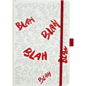 A bound journal with a white cover featuring red accents and text designs, including a logo.
